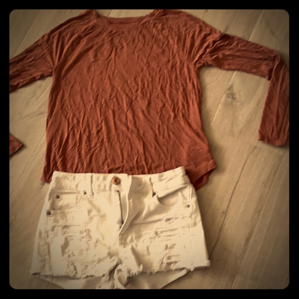 White Jean shorts and copper long sleeve